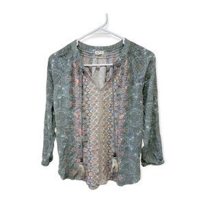 Boho V-Neck Tassel Blouse in Sage Green